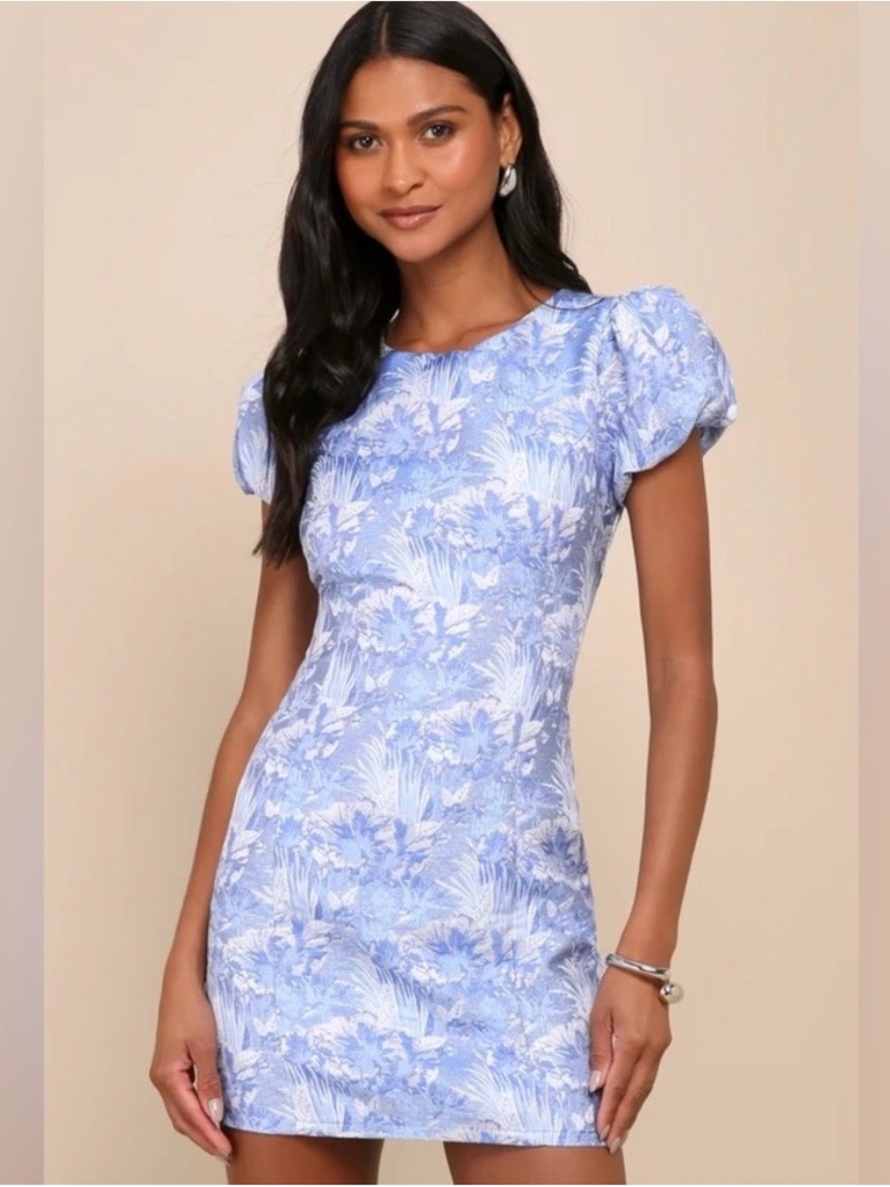 Lulus Exceptional Icon Jacquard Puff Sleeve Mini Dress - size medium